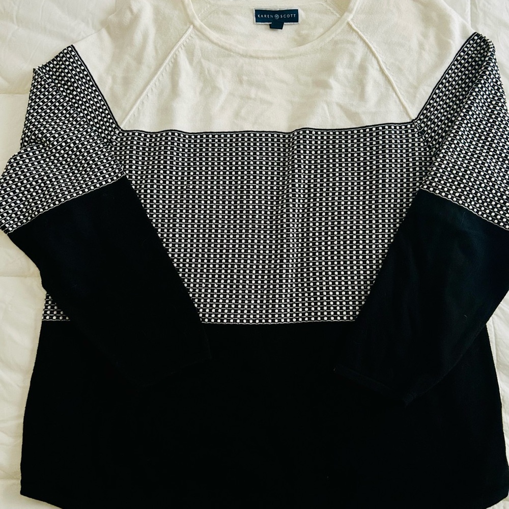 Karen Scott Black and White Textured Cotton Sweater XL